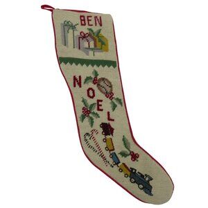 VTG Handmade Noel Toys Gifts Needlepoint Christmas Stocking Ben Candy Cane Holly